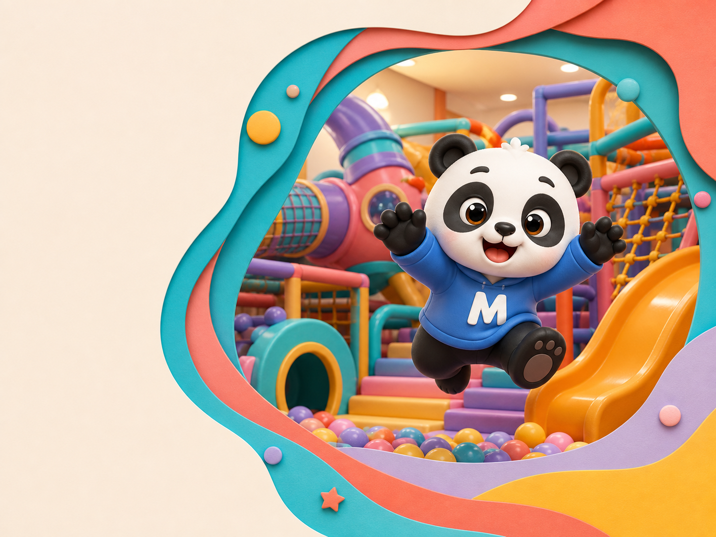 MoMo panda jumping inside a colourful indoor playground